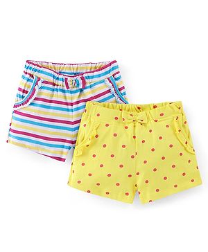 Babyhug Cotton Jersey Knit Shorts With Striped & Dots Print Pack Of 2 - Yellow