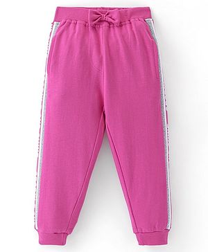 Babyhug Cotton Looper Knit Full Length Solid Colour Lounge Pant with Bow Applique - Fuschia
