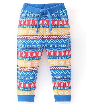 Babyhug Cotton Looper Knit Full Length Lounge Pant Christmas Theme Print - Yellow & Blue