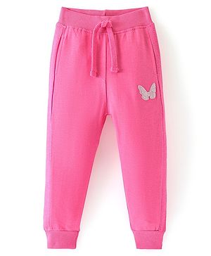 Babyhug Cotton Looper Knit Full Length Glittery Butterfly Detailing Lounge Pant - Pink
