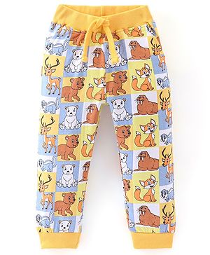 Babyhug Cotton Looper Knit Full Length Lounge Pant Animal Print - Yellow & Blue