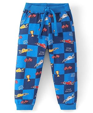Babyhug Cotton Looper Knit Full Length Lounge Pant Checkered with Cars Printed - Navy Blue