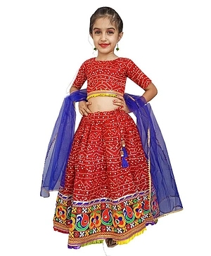Aglare Navratri Theme Half Sleeves Bandhej Printed And Shisha Designed  Embroidered With Gota Patti Laced Embellished Lehenga Choli With Dupatta_Red