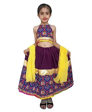 Aglare Sleeveless All Over Patola Designed Halter Neck Choli With Coordinating Lace Embellsihed Lehenga & Dupatta - Blue