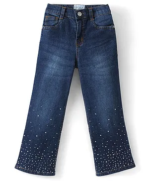 Arias Cotton Elastane Full Length Stretchable Flared Denim Jeans with Rhinestone Stud - Dark Blue