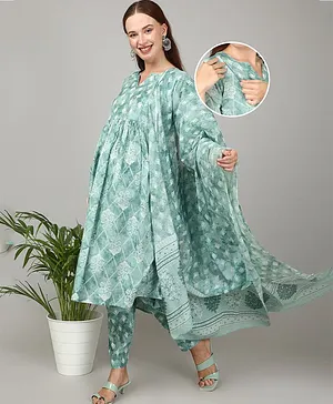 The Mom Store Third Fourth Sleeves Floral Printed Embellished Maternity Kurta Set With Concealed Zipper Nursing Access - Blue