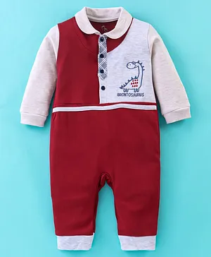 Baby Go Full Sleeves 100% Cotton Interlock Romper with Dino Embroidery - Red