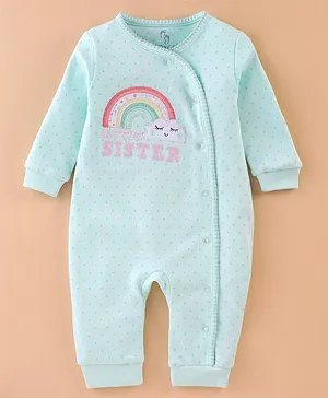 Baby Go 100% Cotton Interlock Knit Full Sleeves Romper with Rainbow Embroidery & Polka Dot Print - Aqua Blue