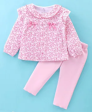 Baby Go Interlock 100% Cotton Sinker Knit Full Sleeves Night Suit Floral Print - Pink