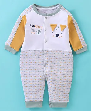 Baby Go 100% Cotton Knit Full Sleeves Romper with Puppy Applique - Yellow & Grey