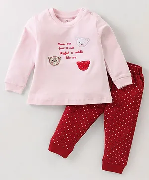Baby Go 100% Cotton Interlock Full Sleeves Night Suit With Teddy Embroidery - Peach & Red
