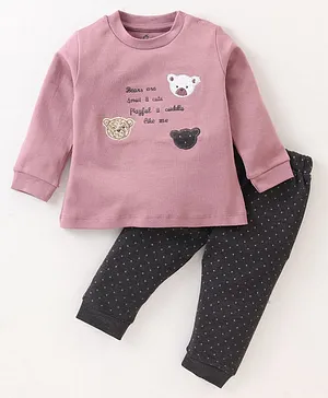 Baby Go 100% Cotton Interlock Full Sleeves Night Suit With Teddy Embroidery - Pink & Blue