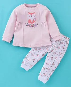 Baby Go Interlock 100% Cotton Knit Full Sleeves Night Suit with Fox Embroidery & Floral Print - Peach