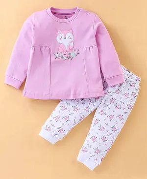 Baby Go Interlock 100% Cotton Knit Full Sleeves Night Suit with Fox Embroidery & Floral Print - Pink