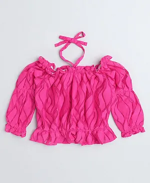 Taffykids Full Sleeves Off Shoulder Wavy Laced Ruffle Embroidered Crop Top - Pink
