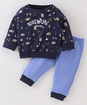 Pepito Fleece Winter Full Sleeves T-Shirt & Joggers With Fox & Text Print - Navy Blue
