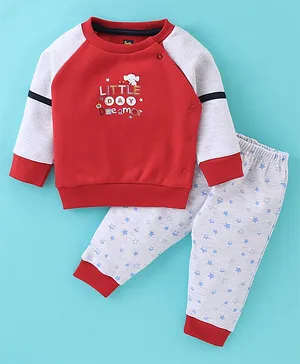 Pepito Fleece Winter Full Sleeves T-Shirt & Joggers With Text Print - Red
