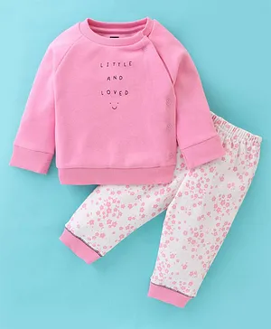 Pepito Fleece Winter Full Sleeves T-Shirt & Joggers With Text Print - White & Pink