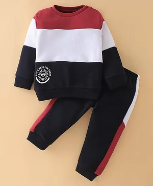 Pepito Cotton Fleece Knit Winter Full Sleeves T-Shirt & Joggers With Text Print - Red & White