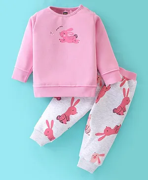 Pepito Fleece Full Sleeves Winter Wear Sweatshirt & Lounge Pant Set Bunny Print - Pink & White