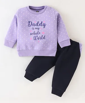 Pepito Fleece Full Sleeves T-Shirts & Lounge Pant With Text Print - Lilac