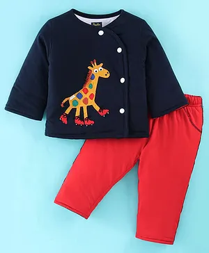 Pepito Cotton Knit Full Sleeves Quilted Winter Wear Suit Giraffe Embroidery - Navy Blue