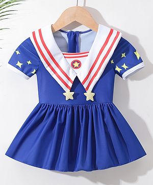 Babyhug Half Sleeves Frock Swimsuit Star Print & Applique - Blue
