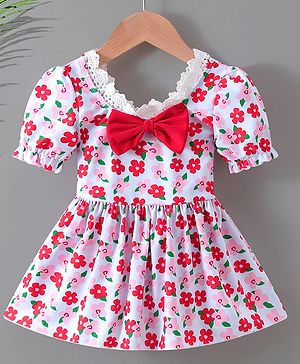 Babyhug Half Sleeves Frock Swimsuit Floral Print - Red