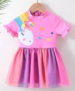 Babyhug Half Sleeves Frock Swimsuit Unicorn Print - Pink