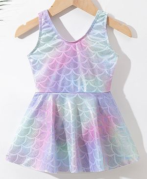 Babyhug Sleeveless Shell Print Frock Swimsuit With Bow Applique -Blue