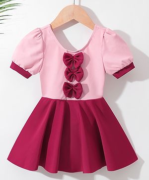 Babyhug Half Sleeves Solid Color Frock Swimsuit Bow Applique - Maroon
