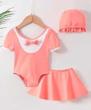 Babyhug Half Sleeves Frock Swimsuit with Cap - Pink