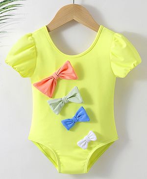 Babyhug Half Sleeves V Cut Swimsuit Bow Applique - Yellow