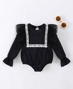 Babyhug Full Sleeves V Cut Swimsuit With Frill & Lace Applique - Black