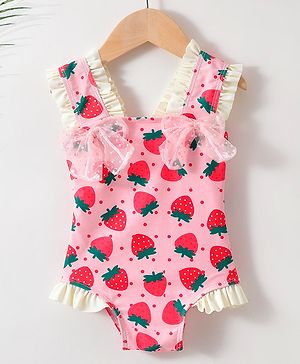 Babyhug Sleeveless V Cut Swimsuit With Frill & Bow Applique Strawberry Print - Pink