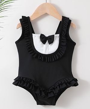 Babyhug Sleeveless V Cut Swimsuit With Frill & Bow Applique Solid Colour - Black