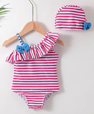 Babyhug One Shoulder Striped V Cut Swimsuit with Cap - Red