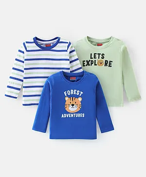 Babyhug 100% Cotton Knit Full Sleeves T-Shirts with Striped & Tiger Graphics Pack of 3-Blue Green & White