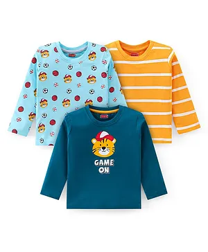 Babyhug 100% Cotton Full Sleeves T-Shirt With Tiger Graphics Pack Of 3 - Orange & Blue