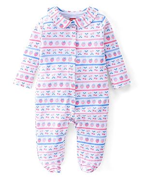 Babyhug Cotton Interlock Knit Full Sleeves Footed Sleep Suit Strawberry Print - White