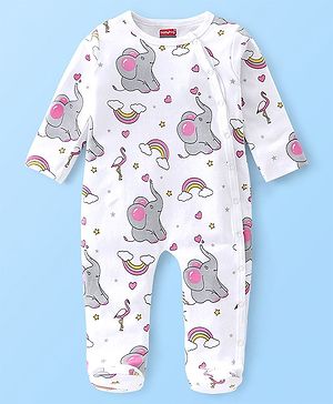 Babyhug Cotton Knit Full Sleeves Elephant Printed Footed Sleep Suit - White