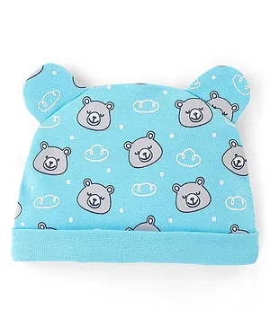 Babyhug 100% Cotton Knit Cap with Bear Print & Ear Applique - Blue