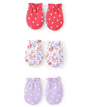 Babyhug 100% Cotton Knit Floral & Hearts Printed Mittens Pack of 3 - Multicolour