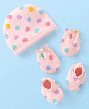 Babyhug 100% Cotton Knit Mittens and Booties With Heart Print - Pink