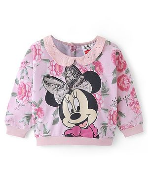 Babyhug 100% Cotton Knit Full Sleeves Sweatshirt With Minnie Mouse Graphics & Sequins Detailing - Pink