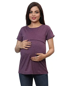 Mama & Bebe Half Sleeves Solid  Maternity & Concealed Zipper For Feeding  Tee - Grape Purple