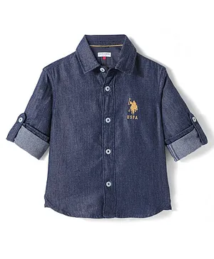 US Polo Assn Cotton Knit Full Sleeves Denim Shirt Logo Embroidery - Dark Blue