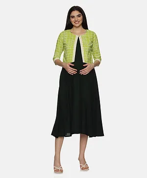 CHARISMOMIC Full Sleeves Jade Printed Jacket And Solid Maternity Nursing Midi Dress -GREEN