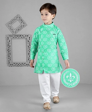 KIDS FARM Full Sleeves Seamless Fleur De Lis Motif Printed Kurta With Pyjama - Green