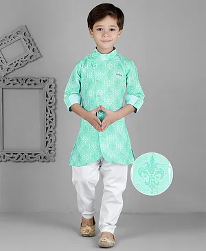 KIDS FARM Full Sleeves Seamless Flower & Damask Motif Printed Kurta With Pyjama - Green
